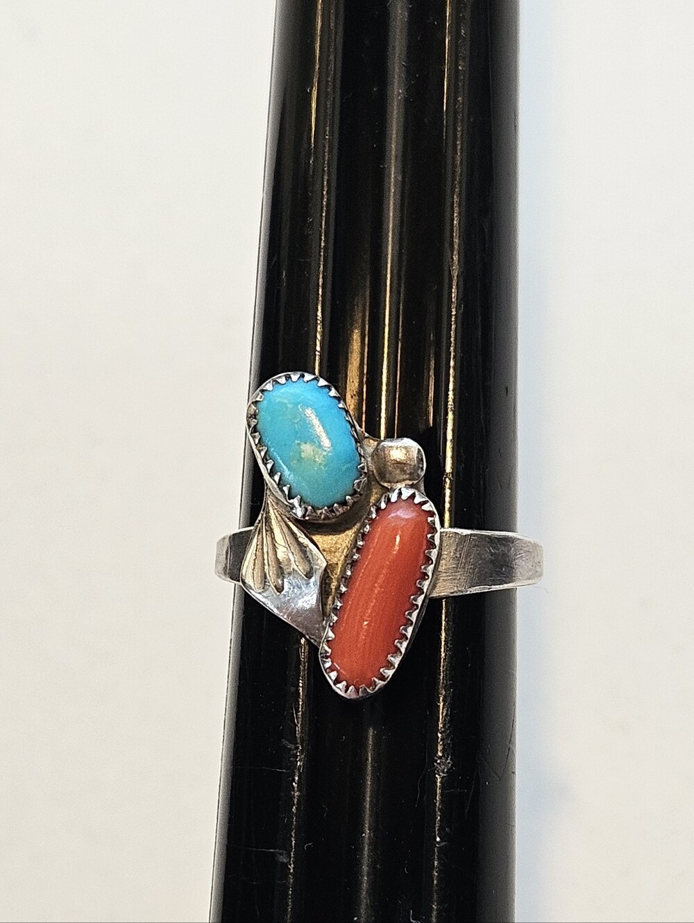 Vintage Navajo Sterling Silver Turquoise Coral Two-Stone Ring Sz 5